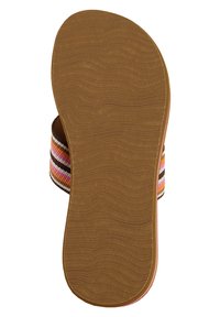 Brown patterned outsole with textured surface; colorful striped textile upper featuring pink, orange, and brown hues. Non-slip design.