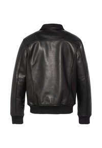 Schwarze Lederbomberjacke mit geripptem Kragen und Bündchen, glatter Textur und dezenten Nähdetails an den Schultern.
