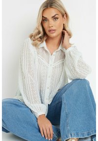 Blusa bianca, a fantasia, trasparente con bottoni davanti, colletto rotondo e maniche arricciate. Abbinata a jeans blu a vita alta e svasati.