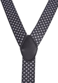 Bretelle nere a motivi con un design a diamante, dotate di un'etichetta centrale in pelle per il supporto. La texture del tessuto è liscia, offrendo flessibilità.
