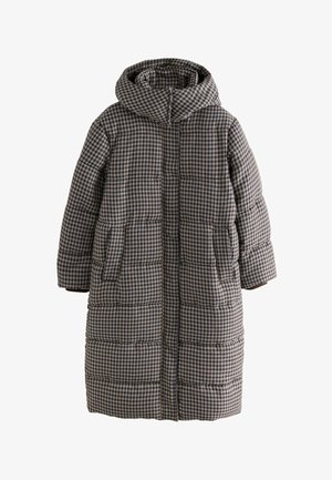 Padded long coat in a brown and navy check pattern, featuring a hood, front zipper, and side pockets for practicality. Quilted texture evident.