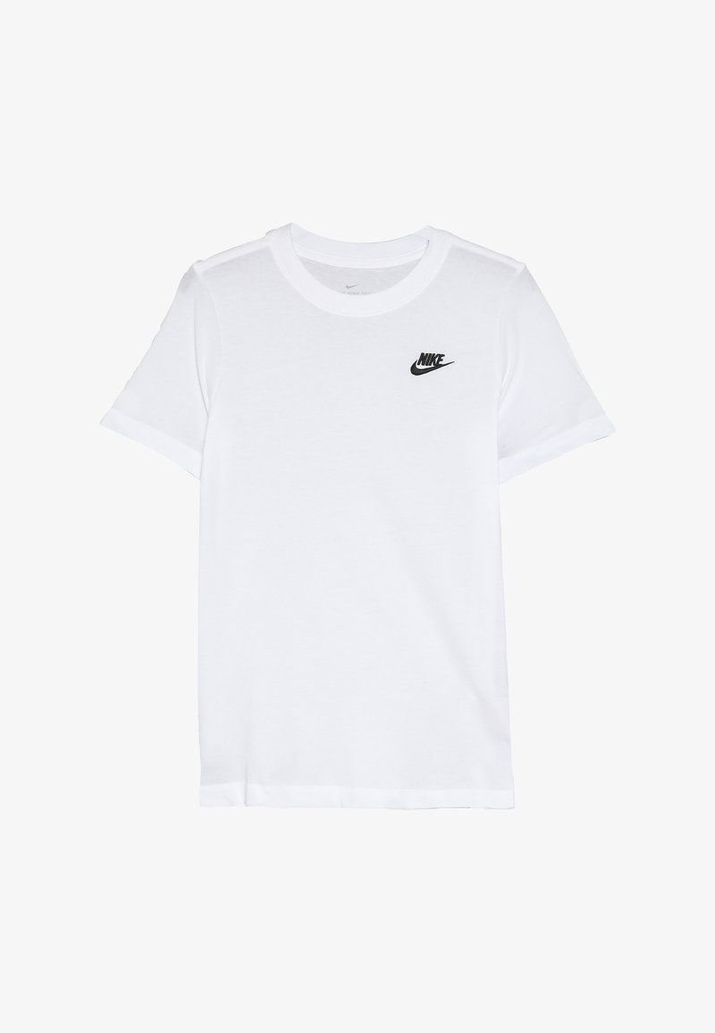 Wit katoenen T-shirt met korte mouwen, een ronde hals en een klein zwart Nike-logo op de linkerborst. Soepele textuur, klassieke pasvorm.