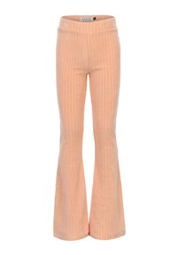 Perzikkleurige uitlopende broek met verticale ribbelstructuur, brede tailleband en een ontspannen pasvorm. De stof heeft een zachte, rekbare uitstraling.