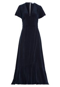 Námořnická modrá šaty vyrobené z hladké látky, s hlubokým V výstřihem, krátkými rukávy a rozšířeným lemováním. Minimalistický design bez viditelných vzorů nebo akcentů.