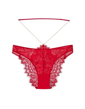 Red lace thong with a floral pattern, featuring a sheer front and intricate lace trim. Attached thin straps and gold detailing at the back.