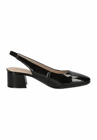 Černá lakovaná kůže, lodičky slingback se čtveratým špičkou, nízkým blokovým podpatkem a elegantním designem s elastickým páskem pro bezpečné uchycení.