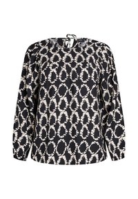 Blouse noire avec un motif abstrait blanc, dotée de manches longues, d'un col rond et d'un détail nœud à l'arrière. Tissu doux.