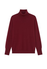 Bordeaux-coloured turtleneck trui met lange mouwen, met geribbelde kraag, manchetten en zoom, weergegeven op een witte achtergrond.