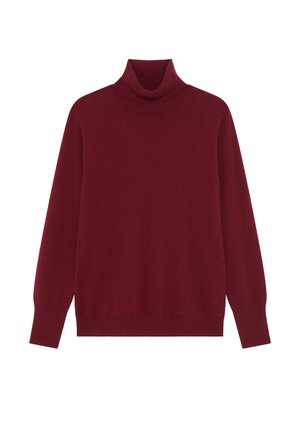 Bordeaux-coloured turtleneck trui met lange mouwen, met geribbelde kraag, manchetten en zoom, weergegeven op een witte achtergrond.