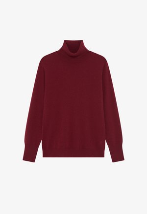 Suéter de cuello alto burdeos de manga larga con cuello, puños y dobladillo acanalados, exhibido sobre un fondo blanco.