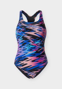 Ολόσωμο μαγιό με σχεδιασμό ρίγες κεραυνού σε μπλε, ροζ και μαύρο χρώμα και μικρές διάτρητες τελίτσες.