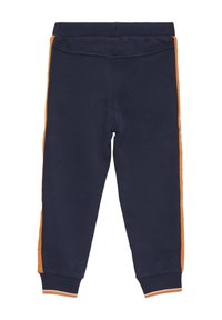 Marineblaue Jogginghosen aus weichem Stoff, mit orangefarbenen Seitestreifen, elastischem Bund und gerippten Bündchen. Einfaches Design ohne Taschen.