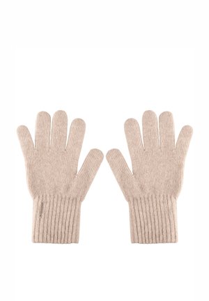 Beige strikkede handsker med separate fingre, ribbede håndledsmanchetter, blød tekstur og uden synlige mønstre eller accenter.