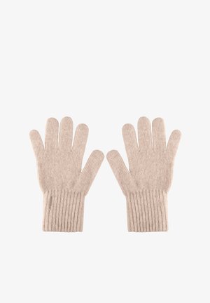 Beige gebreide handschoenen met aparte vingers, geribbelde polsmanchetten, zachte textuur en zonder zichtbare patronen of accenten.