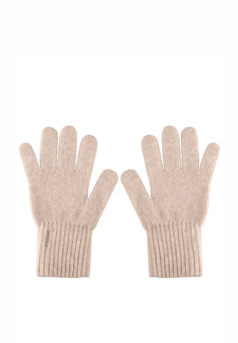 Gants en tricot beige avec des doigts séparés, poignets côtelés, texture douce et sans motifs ni accents visibles.