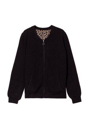 Cardigan noir à zip sur le devant, en tissu texturé, avec des poignets et un ourlet côtelés, présentant une doublure intérieure en imprimé animal beige et deux poches latérales.