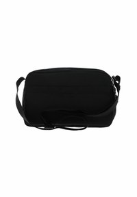 Borsa a spalla nera con forma rettangolare, realizzata in tessuto resistente. Presenta una chiusura con zip e una tracolla regolabile per offrire versatilità nel trasporto.