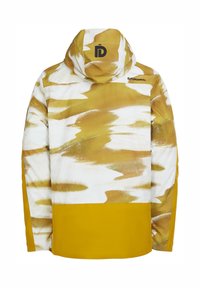 Vandtæt hættejakke med et gult og hvidt abstrakt mønster, med en ensfarvet gul nederste sektion og logo på ryggen.
