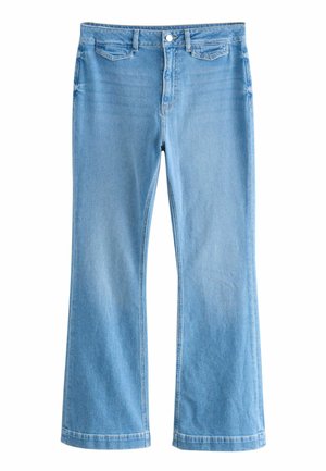 Lichtblauwe flared jeans van denim, met een hoge taille, voorzakken en een nette zoom. Geen zichtbare slijtage of versieringen.