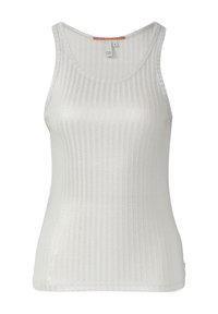 Débardeur blanc à côtes avec une légère brillance. Doté de fines bretelles, d'un col rond, et d'une silhouette ajustée. Étiquette visible à l'arrière.
