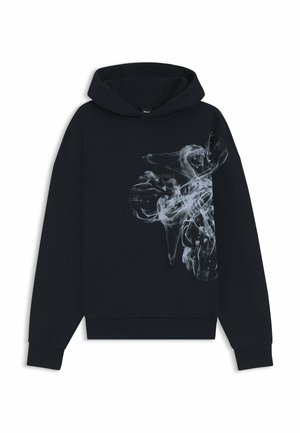 Black hoodie with a large white abstract pattern on the front. Features a kangaroo pocket and ribbed cuffs and hem. Soft texture.