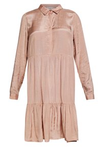 Abito lungo, a maniche lunghe, in tessuto rosa polveroso lucido, con collo a camicia e gonne e vita arricciate.
