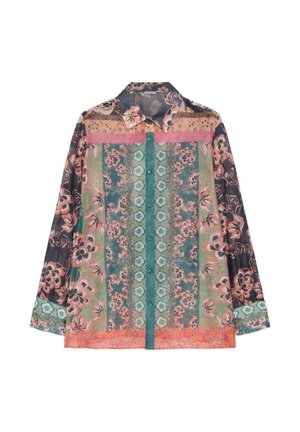 Langærmet skjorte med knapper og flerfarvede blomsterprint i pink, grønne, blågrønne og sorte nuancer, med spids krave og dekorative manchetter.