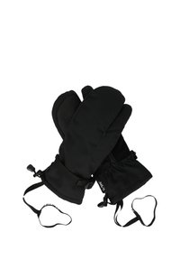 Schwarze isolierte Fäustlinge mit glatter Textur, elastischen Bündchen und verstellbaren Riemen. Verstärkte Bereiche für Daumen und Finger für zusätzliche Haltbarkeit.