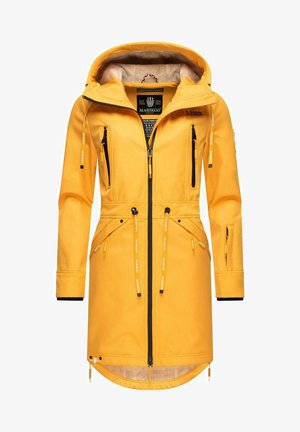 Sárga vízálló parka kapucnival, fekete cipzár részletekkel, több zsebbel, állítható fóliákkal és térd alatti hosszal.