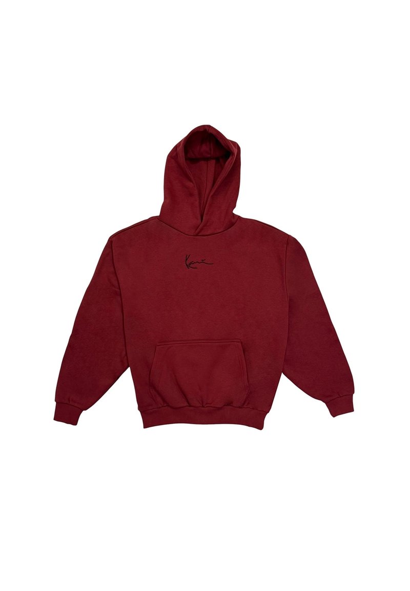 Sudadera con capucha color granate hecha de tela suave, con bolsillo frontal y capucha con cordón. Logo negro icónico en el pecho. Corte clásico.