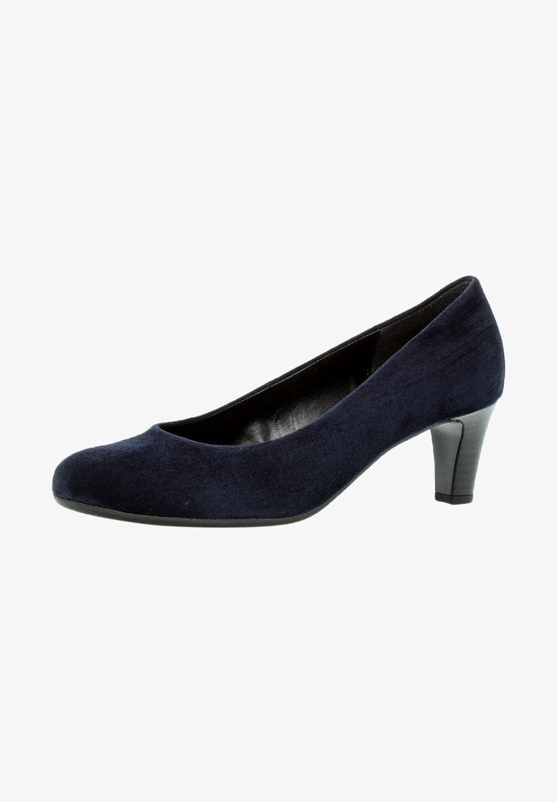 Escarpin femme en daim bleu marine à talon moyen avec bout arrondi et semelle noire, présenté sur fond blanc.