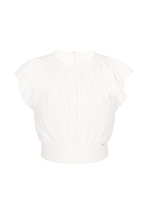 Witte blouse met korte mouwen, hoge hals, geplooide stof, geruite schouders en een gedetailleerde, aangesloten tailleband.
