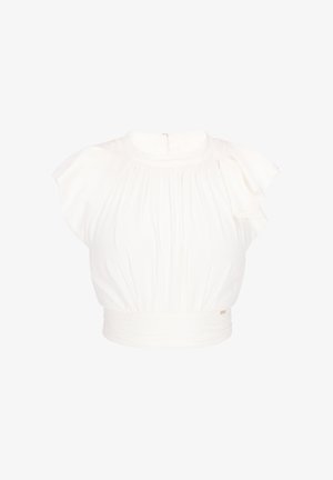 Witte blouse met korte mouwen, hoge hals, geplooide stof, geruite schouders en een gedetailleerde, aangesloten tailleband.