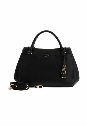 Borsa a mano in pelle nera con finiture dorate, design strutturato, doppi manici, tracolla removibile e un ciondolo decorativo con lucchetto e cuore.