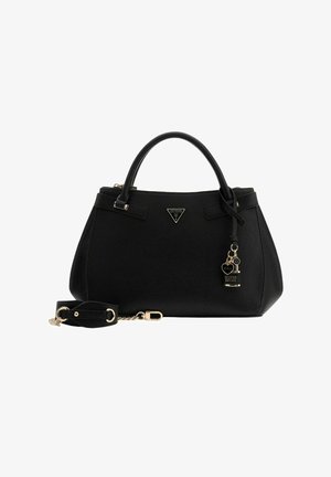 Borsa a mano in pelle nera con finiture dorate, design strutturato, doppi manici, tracolla removibile e un ciondolo decorativo con lucchetto e cuore.