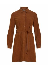 Robe-chemise en velours côtelé marron avec manches longues, boutonnage devant et ceinture en tissu. Dotée d'un col classique et d'une texture subtile sur toute la surface.