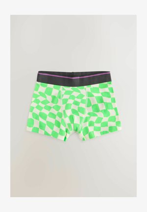 Zöld és fehér kockás boxer alsó, fekete derékrésszel, lila kiemeléssel. Puha anyag, sima textúrával.