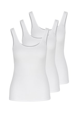 Drei weiße ärmellose Tanktops mit Rundhalsausschnitt, die auf weißem Hintergrund versetzt und überlappend angeordnet sind.