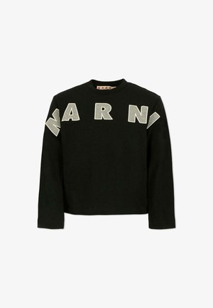 Zwarte sweatshirt met lange mouwen en cropped ontwerp, met grote grijze viltletters die 'MARN' op de borst en mouwen spellen.