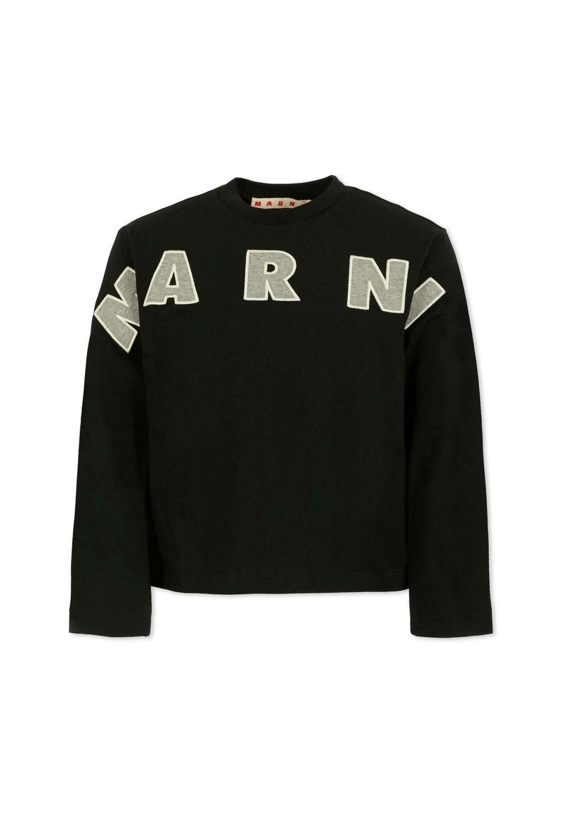 Zwarte sweatshirt met lange mouwen en cropped ontwerp, met grote grijze viltletters die 'MARN' op de borst en mouwen spellen.