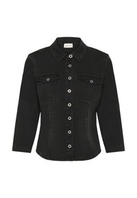 Giacca in denim nero con colletto, chiusura a bottoni frontale, due tasche sul petto e dettagli in metallo sui bottoni. Maniche lunghe.