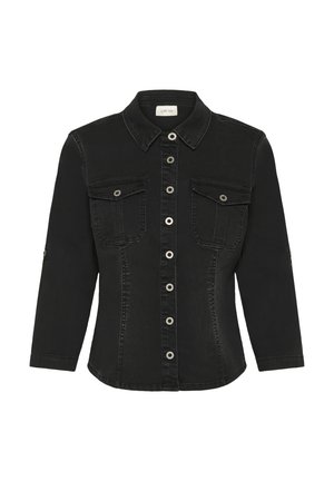 Sort denimjakke med krave, knaplukning fortil, to brystlommer og metallknapdetaljer. Lange ærmer.