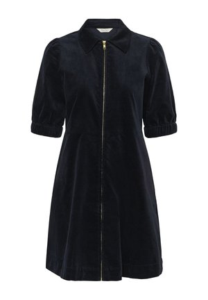 Abito in velluto nero a maniche corte con zip frontale completa, colletto e polsini elastici.