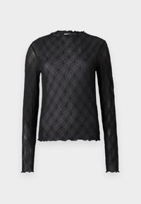 Top negru cu mânecă lungă, având un model texturat de cercuri suprapuse, cu un guler ușor volanat și margine ondulată. Material transparent.