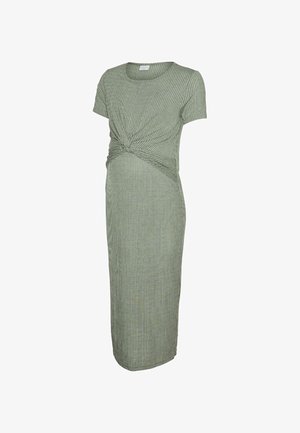 Knielanges, kurzärmeliges, geripptes Strickkleid in gedämpftem Grün mit einer verdrehten Knotendetail an der Taille.