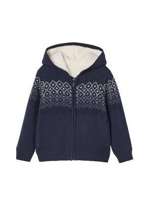 Navy Zip-Hoodie mit Fleece-Innenmaterial, das ein geometrisches Muster in Weiß über der Brust und eine reguläre Kapuze bietet.