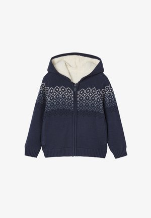 Navy zip-up hoodie with a fleece interior, featuring a geometric pattern in white across the chest and a standard hood.