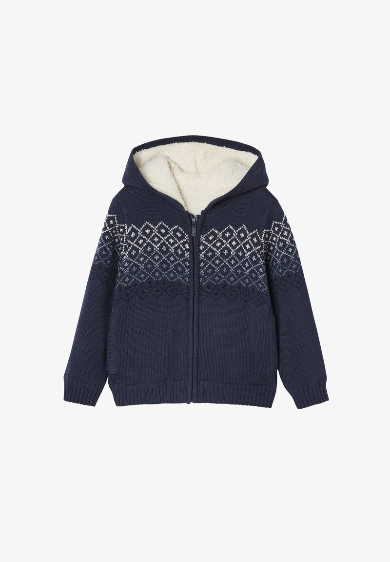 Navy Zip-Hoodie mit Fleece-Innenmaterial, das ein geometrisches Muster in Weiß über der Brust und eine reguläre Kapuze bietet.