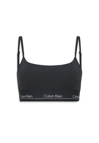Black bralette made of smooth fabric, featuring thin adjustable straps and a wide branded elastic band with "Calvin Klein" logo.