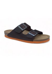 Sandalo in pelle marrone con due cinturini regolabili, fibbie in metallo argentato, soletta in sughero e suola in gomma arancione.